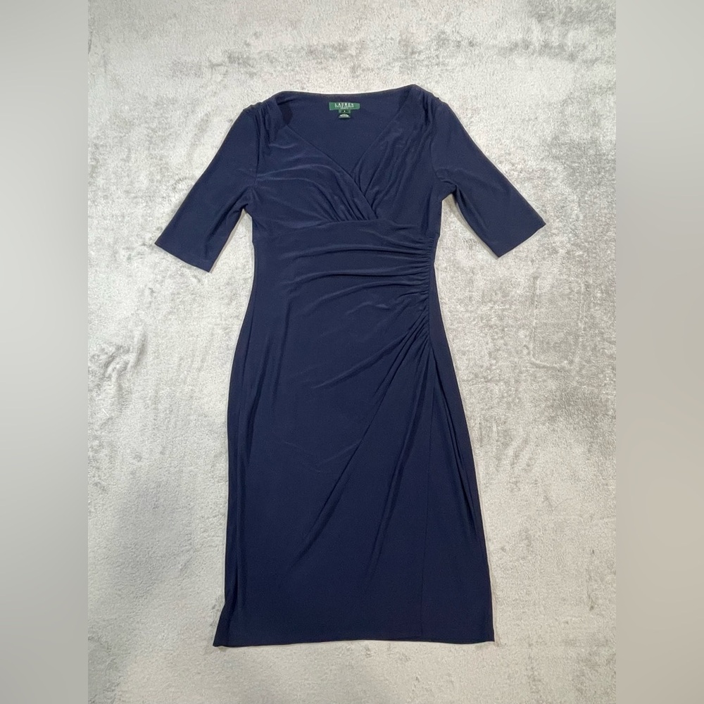 Lauren Ralph Lauren Navy Blue Ruched Sheath Dress V-Neck Half Sleeve Size 4